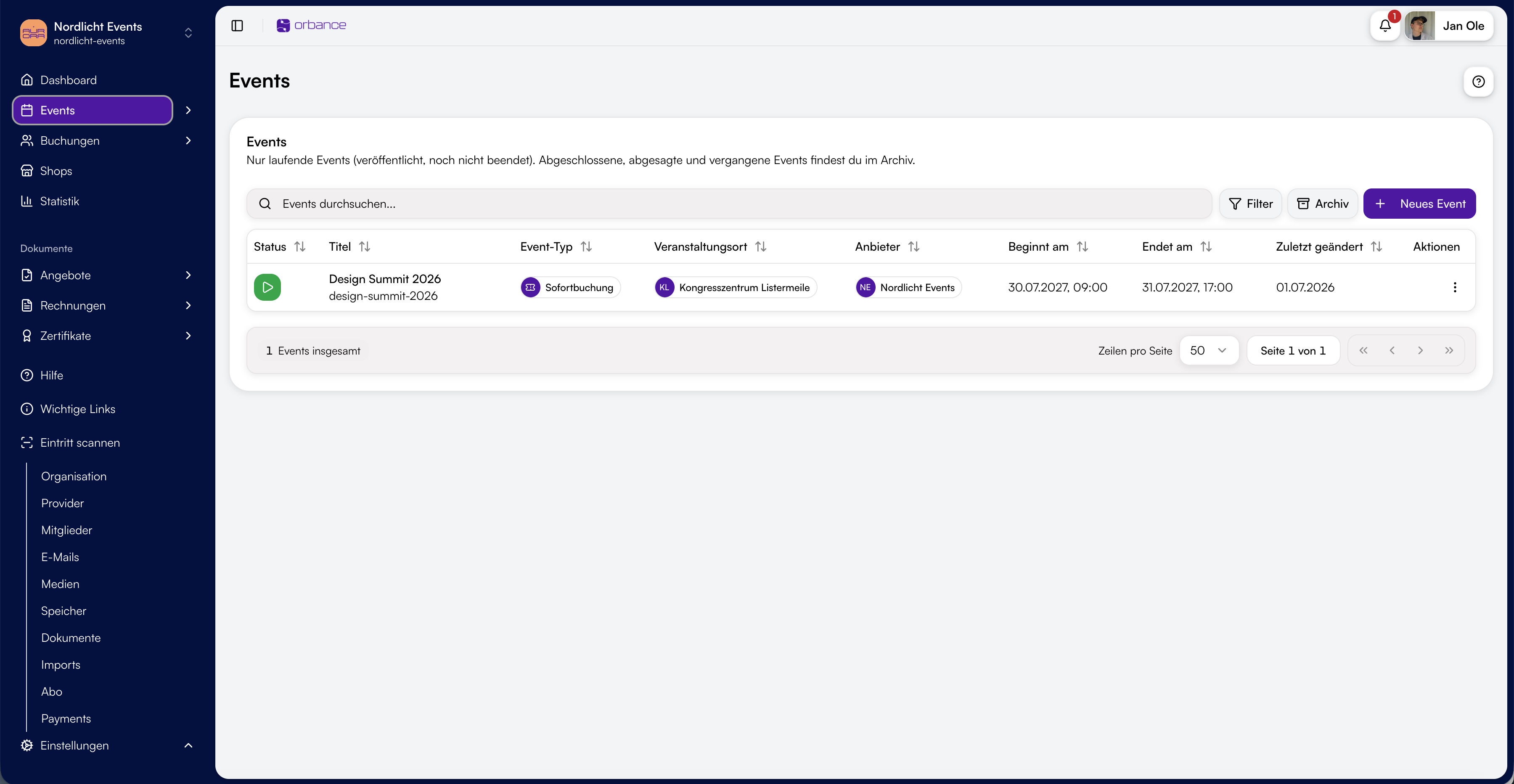 Preview of event management in Orbance