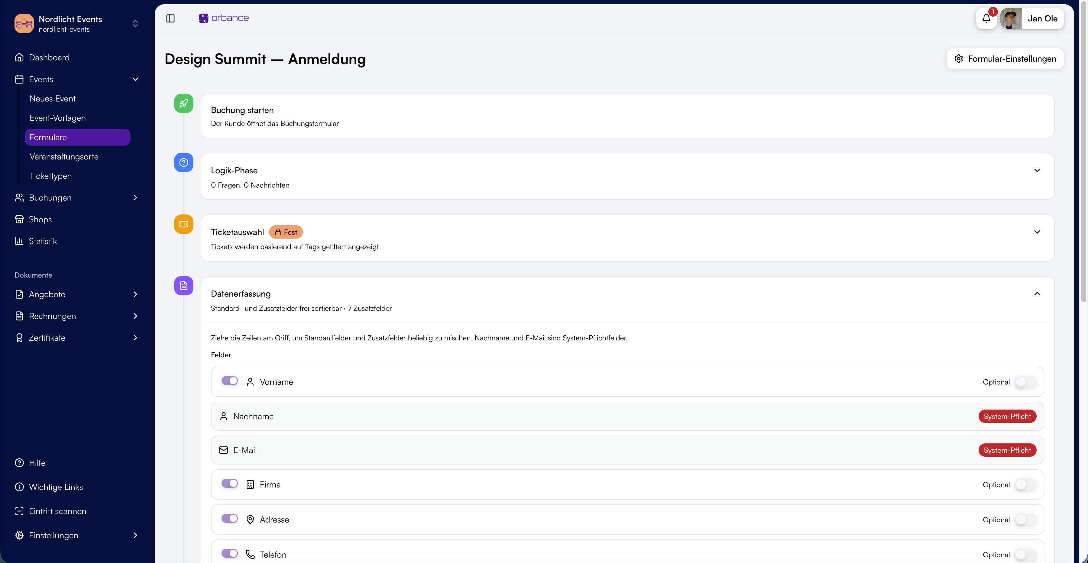 Preview of a registration form in the Orbance ticket shop